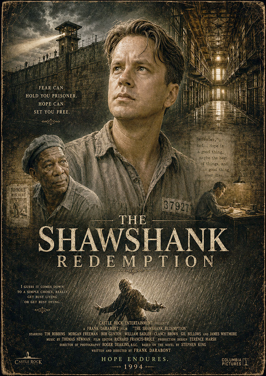 The Shawshank Redemption movie poster artwork featuring Andy Dufresne and Red with prison motifs